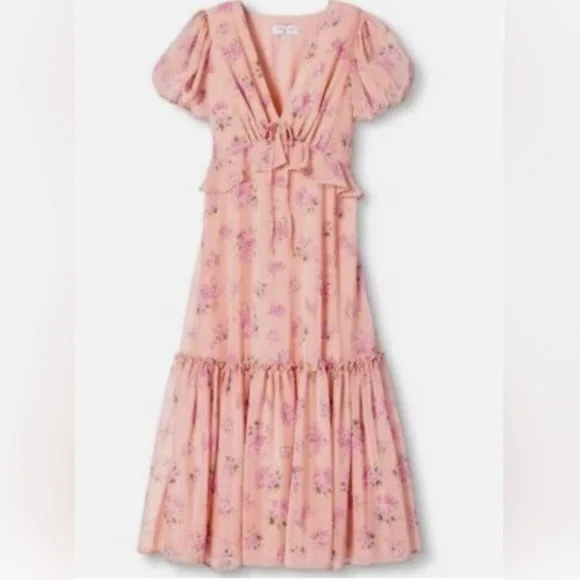 LoveShackFancy Pink Floral Puff Sleeve Chiffon Tiered Ruffle Midi Dress Size 6 - Picture 8 of 9
